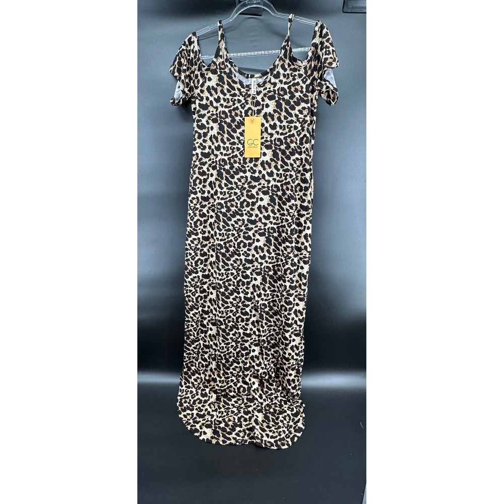 Grecerelle Womens Leopard Print Cold‎ Shoulder Maxi Dress Side Slit Jersey Small